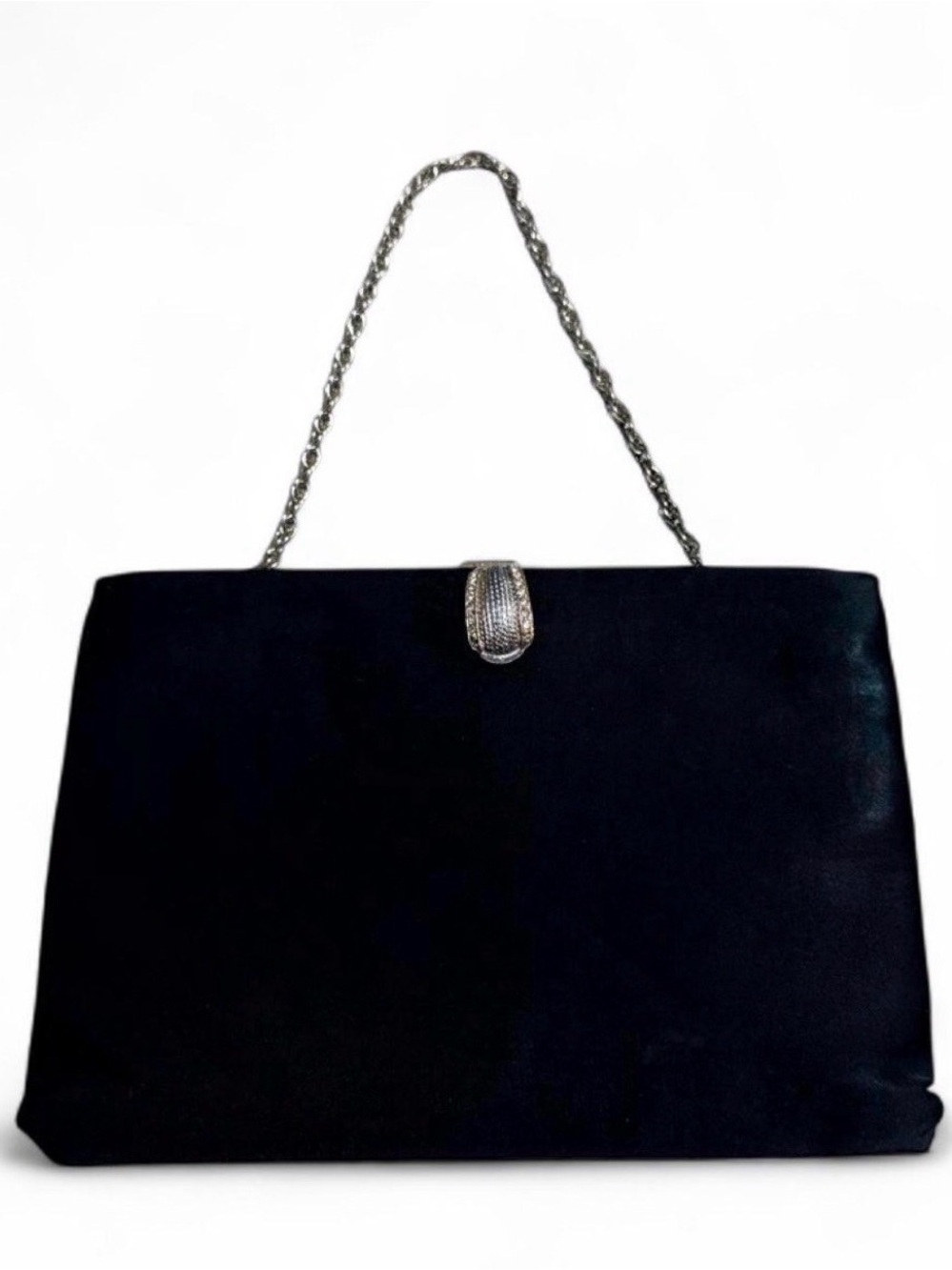 Vintage Mr. Bonhomme Black Chain Handle Evening Bag with Silver Rhinestone clasp